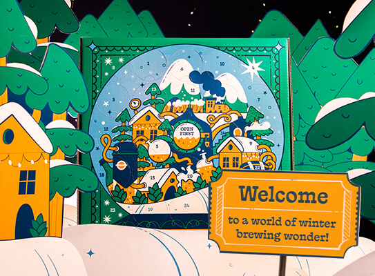 craft beer advent calendar box in a snowy winter village