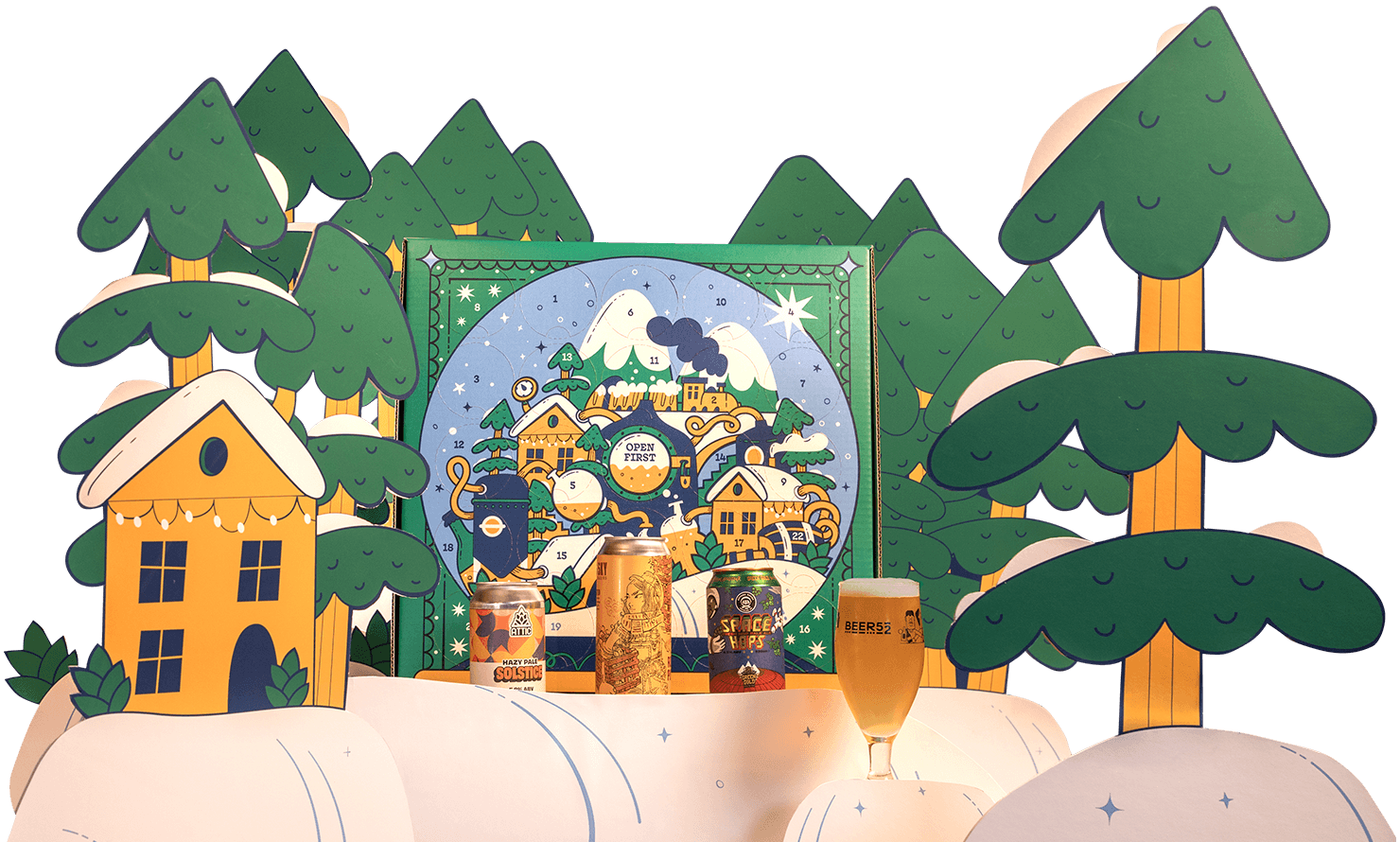 craft beer advent calendar box in a snowy winter village