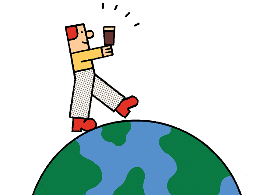 Illustration of a person drinking a craft beer while standing on top of the world.